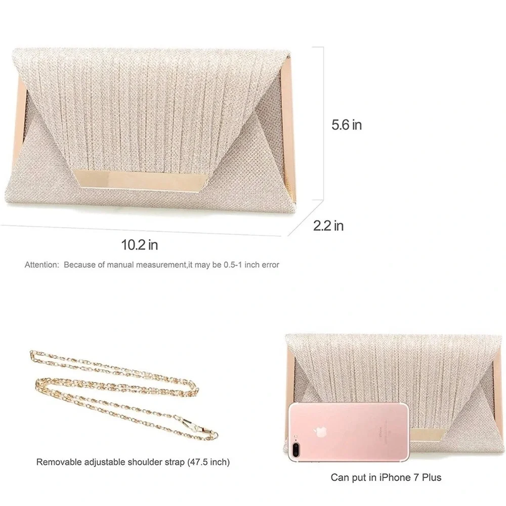 Evening Blingy Clutch Champagne Gold Pleated Glitter Mesh | Chain for Shoulder